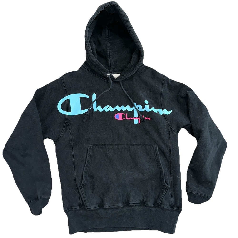 Vintage Champion Hoodie Mens Small Black Reverse Weave Sweatshirt Fleece GF68